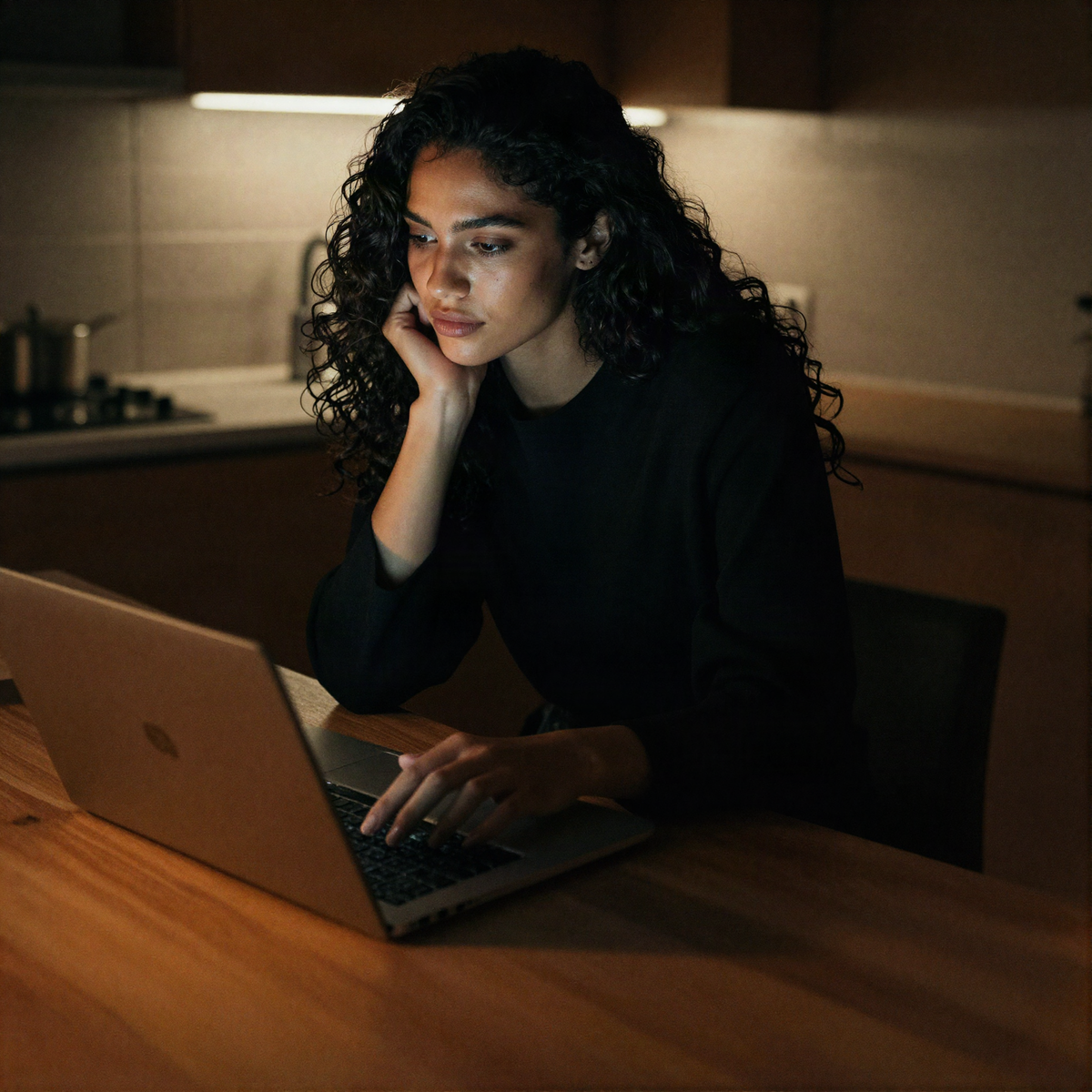 Woman in black working late on a laptop at a wooden kitchen table, screen light on her face