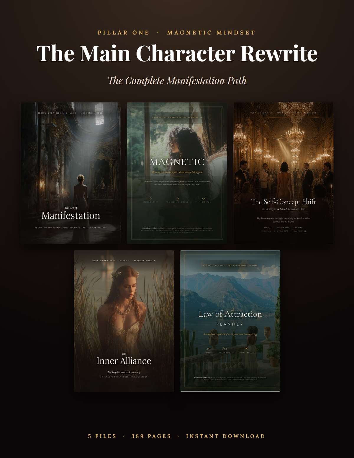 The Main Character Rewrite — The Complete Manifestation Path: The Art of Manifestation, MAGNETIC, The Self-Concept Shift, The Inner Alliance and the Law of Attraction Planner. 5 files, 389 pages.
