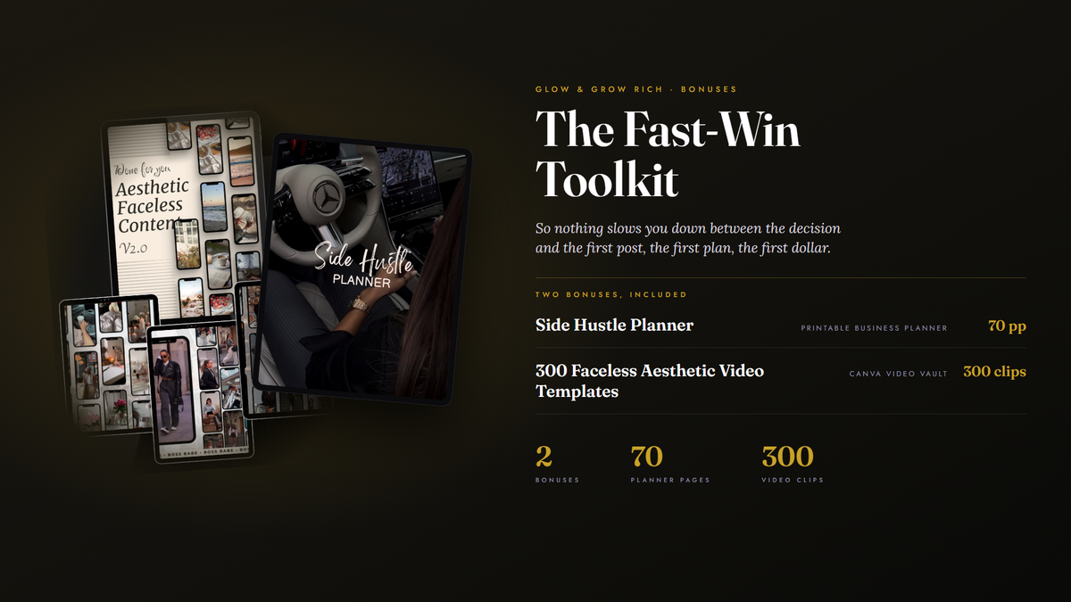 The Fast-Win Toolkit — two bonuses: Side Hustle Planner and 300 Faceless Aesthetic Video Templates
