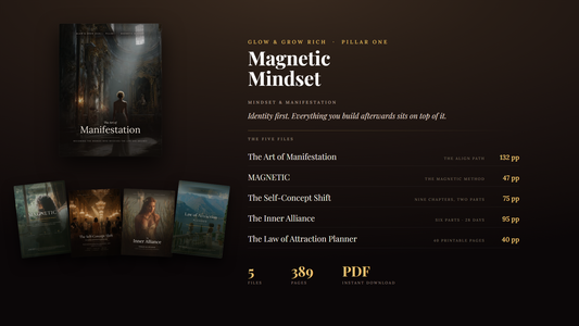 Pillar One — Magnetic Mindset: The Art of Manifestation, MAGNETIC, The Self-Concept Shift, The Inner Alliance and the Law of Attraction Planner. 389 pages, five files.